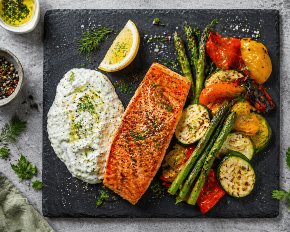 Pieczony filet z łososia na czarnej kamiennej płycie, podany z grillowaną cukinią, kolorową papryką, szparagami oraz miseczką sosu ziołowego na bazie jogurtu.