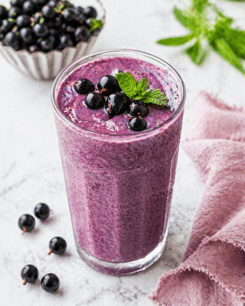 Szklanka gęstego, fioletowego smoothie z owoców jagodowych, udekorowana świeżą miętą i borówkami, ustawiona na marmurowym blacie.